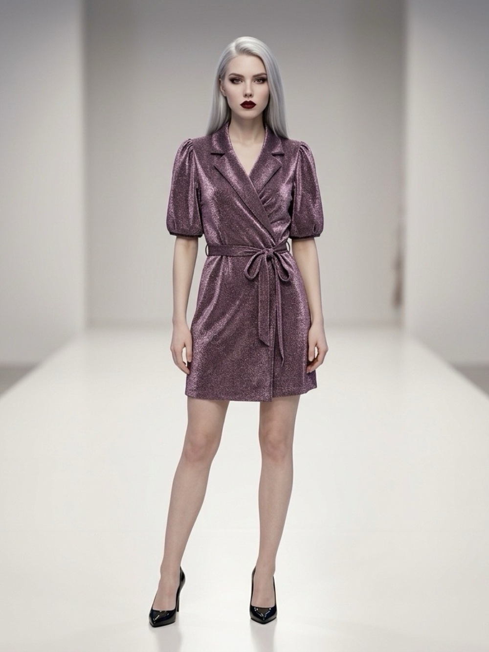 & Other Stories Plum/Rose Metallic Wrap Mini Dress Puff Sleeve Tie Waist Size 8